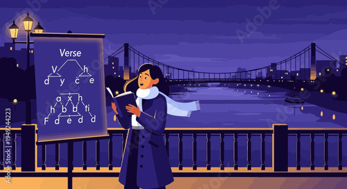 Young person reciting poetry by the river at night.