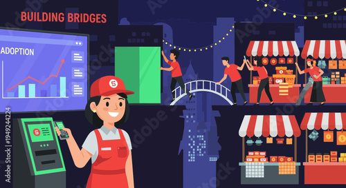 Young service worker with red cap and apron holding a card near a kiosk.