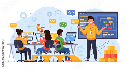 Young teacher instructing students in computer programming class.