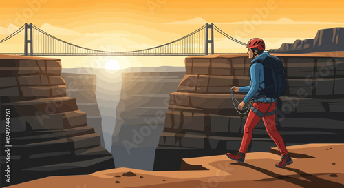 Adventurer with backpack and climbing gear ready for challenge.