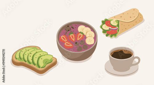 Healthy breakfast and brunch items: avocado toast, smoothie bowl, wrap, coffee.