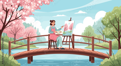 Artist painting a beautiful landscape on a bridge.