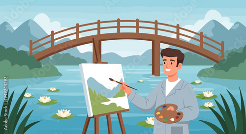 Artist painting a landscape on canvas easel.