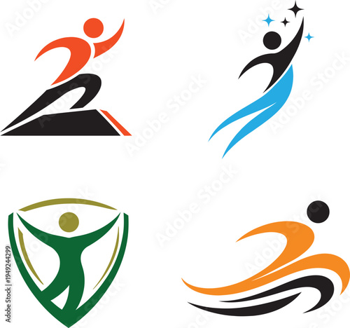 Set of four abstract human figure logos representing sports, fitness, success and active lifestyle. Modern colorful people icons isolated on white background. Perfect for gym, fitness club, coaching, 
