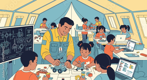 Children learning engineering and technology in a classroom setting.