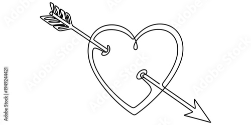 Continuous One Line Drawing of Heart Pierced by Cupid Arrow