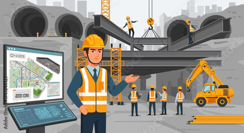 Construction Manager Overseeing Project with Digital Display.