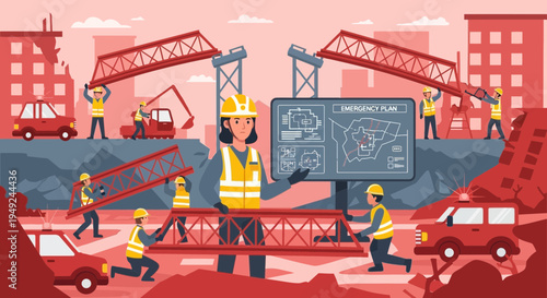 Construction workers building a bridge with heavy machinery.