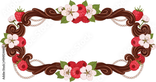 A beautiful chocolate frame adorned with strawberries, raspberries, and white flowers on a white background