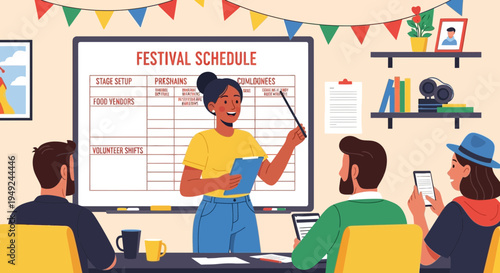 Diverse group attending a festival schedule presentation in a classroom setting.