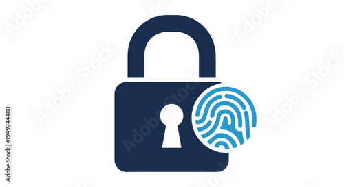 Illustration of a secured padlock with a fingerprint scanning security icon, signifying safety, protection, and privacy