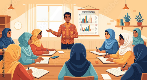 Diverse group of students learning from a male teacher in a classroom setting.