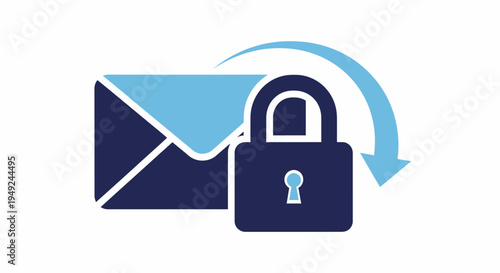 Illustration of email security, showcasing an envelope and a padlock, with a curved arrow indicating the process