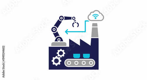 Depicting modern factory automation in action, including a robotic arm and a cloud connection, illustrating technological advancement