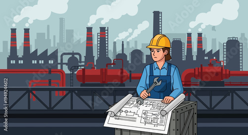 Female engineer reviewing blueprints at industrial site.