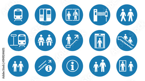 Train Station KRL Icon Set, 12 blue circle ISO transit wayfinding pictograms, public transportation symbols, vector illustration