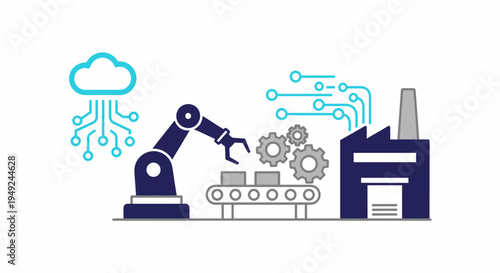 Robotic arm and cloud data in manufacturing environment. Industry 4.0 technology concept. A representation of the industrial revolution and digitization 
