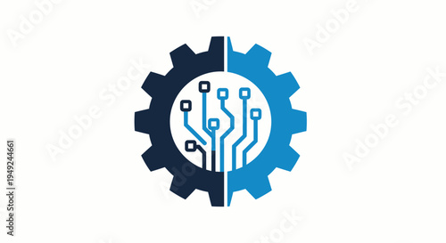 A cogwheel illustration represents technology with an integrated circuit in the center