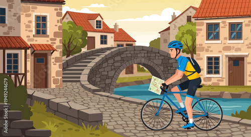 Man cycling with map on a sunny day.