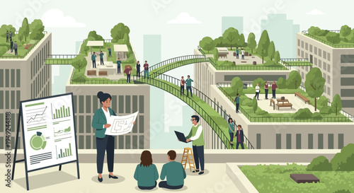 People collaborating on a presentation about green urban development.