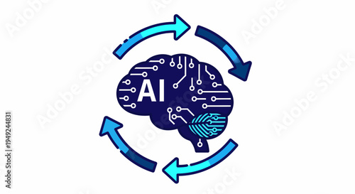 An illustration of an AI brain, surrounded by arrows, suggesting continuous learning and processing. This image effectively communicates the concept of artificial intelligence and its capabilities.