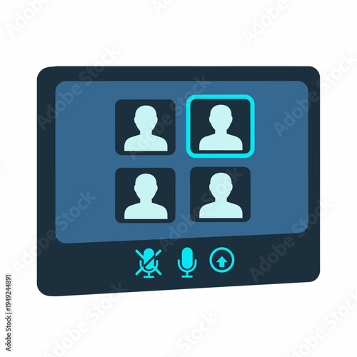 Virtual meeting interface showcasing an online conference with four participants displayed on a screen, with mute, microphone, and upload icons