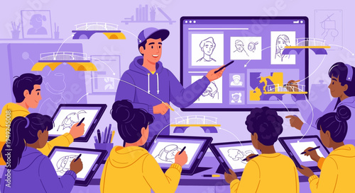 Students learning digital art with instructor in a modern classroom setting.