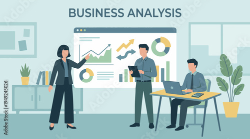 Business Analysis Concept with Team Collaborating on Data Visualizations