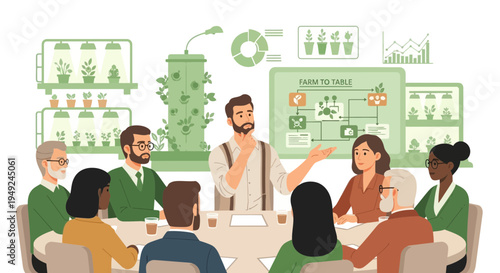 Team meeting discussing vertical farming innovation.
