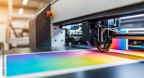 Wallpaper Mural Close-up of large-format printer printing vibrant colors on paper in a printing facility Torontodigital.ca