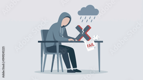 Depressed person in hoodie at desk with fail mark and rain cloud