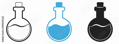 Laboratory Glass Bottles with Corks and Liquids, chemistry and science symbols, vector illustration