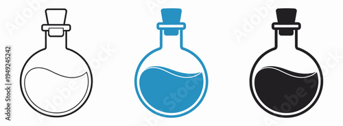Laboratory Glass Bottles with Corks and Liquids, chemistry and science symbols, vector illustration