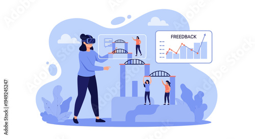 Woman wearing VR headset interacting with virtual reality environment.