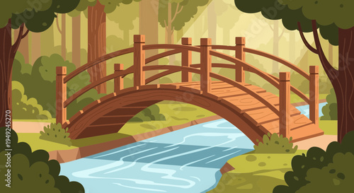 Wooden Arch Bridge Over Flowing Stream in Forest.