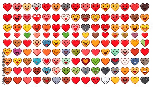 Collection of colorful hearts with various expressions