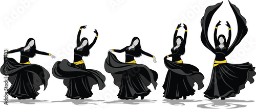 Digital illustration of a belly dancer in a black dress with yellow belt, performing five dynamic poses, isolated on white,