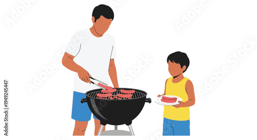 Father and son enjoying a backyard barbecue, grilling sausages together for a family meal.