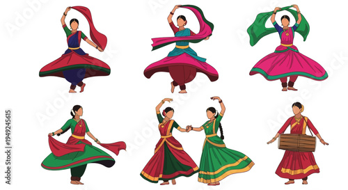 Collection of traditional Indian female dancers performing vibrant classical and folk styles together