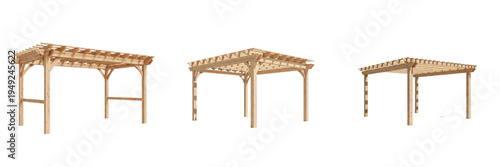 Tableau sur toile Set of wooden pergola pavilion structures for garden and outdoor backyard isolat