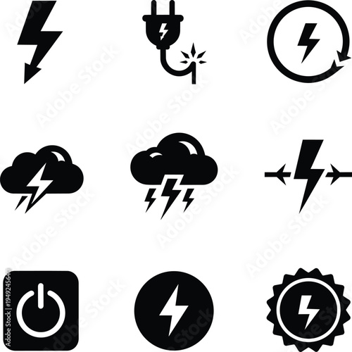 Electricity symbols and lightning bolt icons for energy concepts