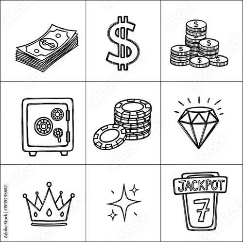 Black and white line drawing icons of money and gambling symbols