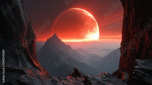 Dramatic alien landscape with a giant red moon rising over misty mountains and rocky foreground
