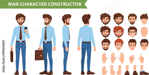 Male business professional character constructor kit, flat 2D vector animation asset pack, man with briefcase, smartphone, various poses, expressions, gestures