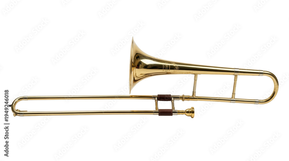 Obraz premium Shiny golden brass trombone slide instrument, perfect for jazz band music illustrations, classical orchestra graphics, and concert festival designs isolated on a clean transparent background.