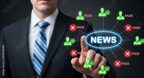 A businessman touches a glowing 'NEWS' icon, navigating a complex network of verified and fake information online.