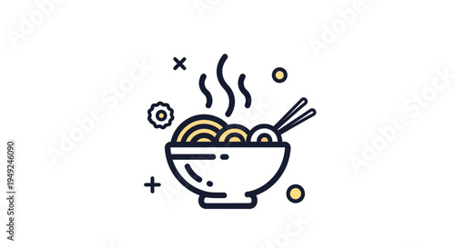 Noodle bowl illustration with steam and chopsticks