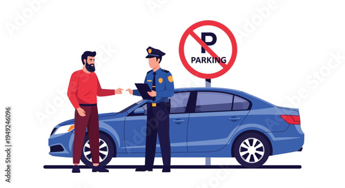 Police officer issuing a parking violation fine to a car owner near a no parking sign.