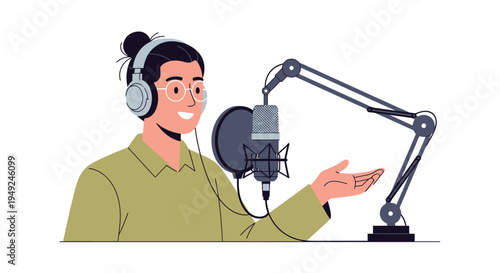 Smiling podcaster wearing headphones speaks into a professional studio microphone on a broadcast arm