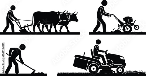 Agriculture farming activity silhouette set, traditional plowing, modern cultivation, farmer work process, rural lifestyle, agricultural equipment illustration